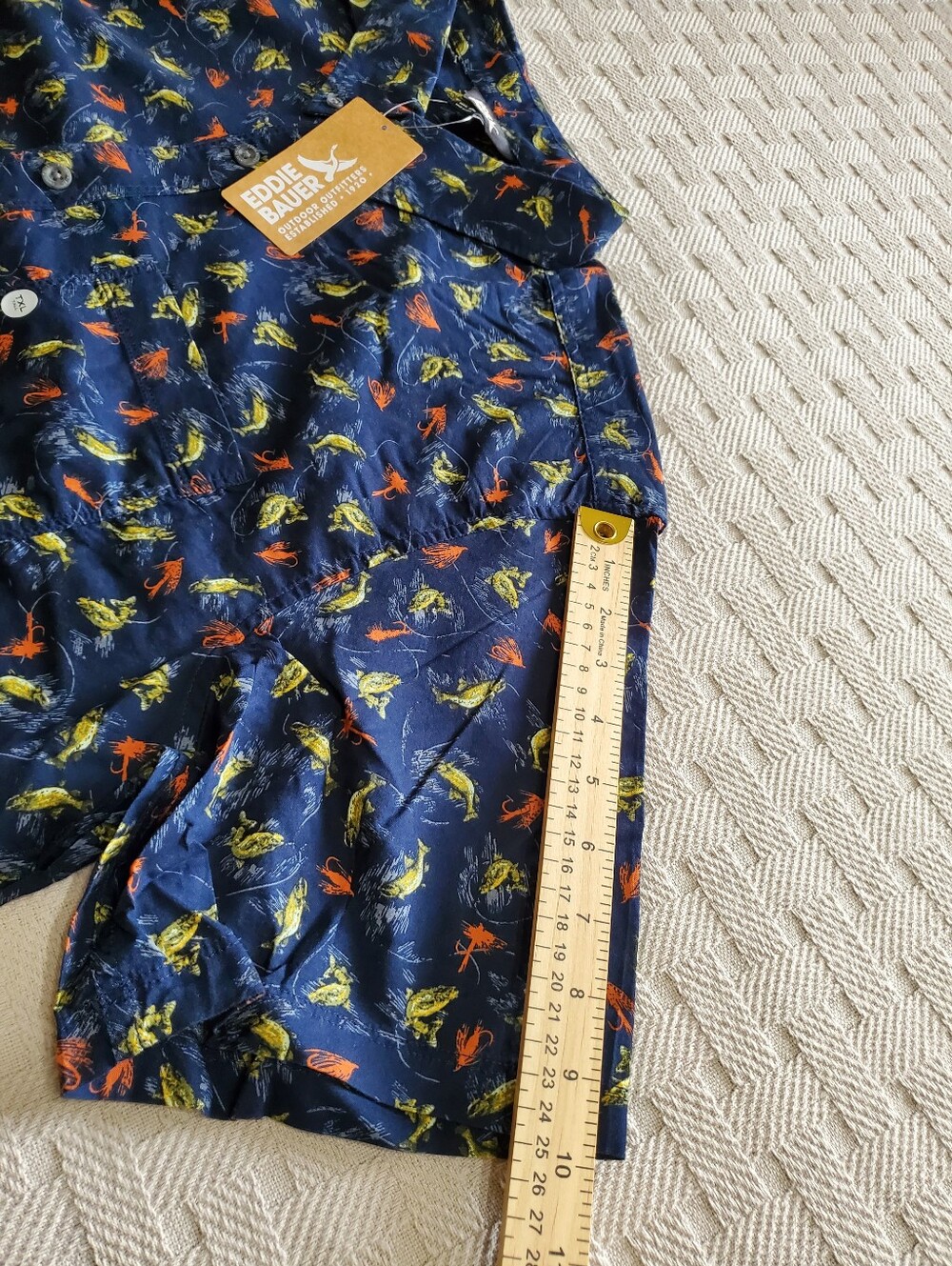 Eddie Bauer Baja Shirt Brook Fish Bait Cotton Navy Button Up Short Sleeve TXL - Picture 8 of 10